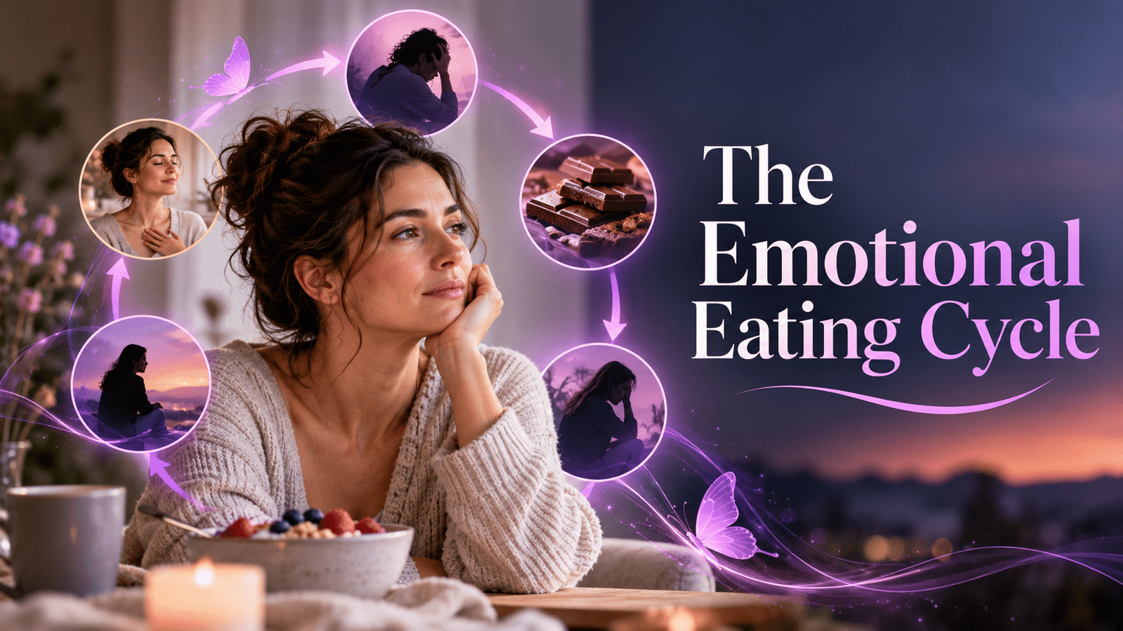 The emotional eating cycle showing how emotional triggers, food cravings, and eating patterns can reinforce each other