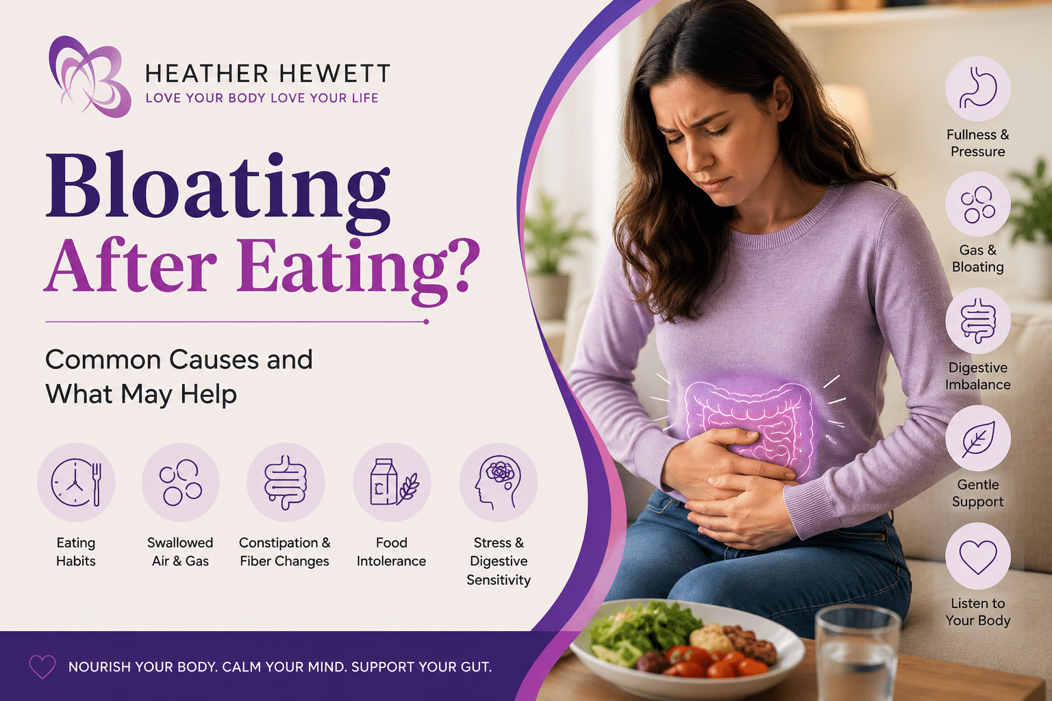 Bloating after eating illustration showing common causes including eating habits, swallowed air, constipation, fiber changes, food intolerance, stress, and digestive sensitivity.