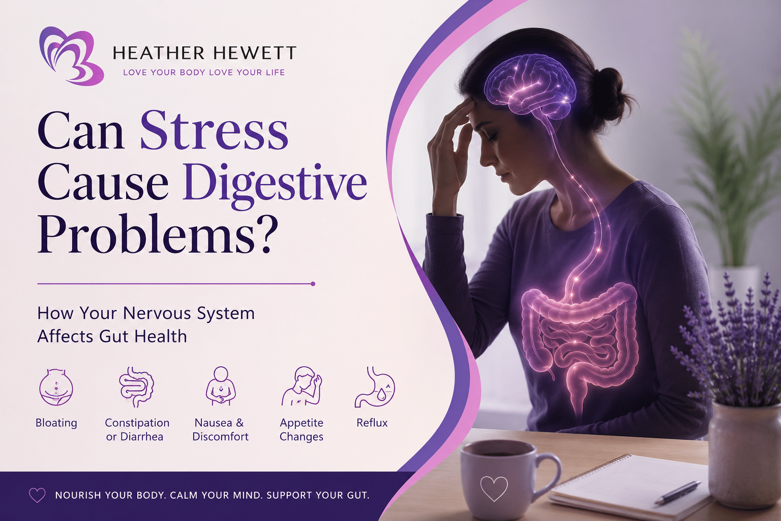 Can stress cause digestive problems? Illustration showing how stress and the nervous system may affect the brain-gut connection and digestive health.