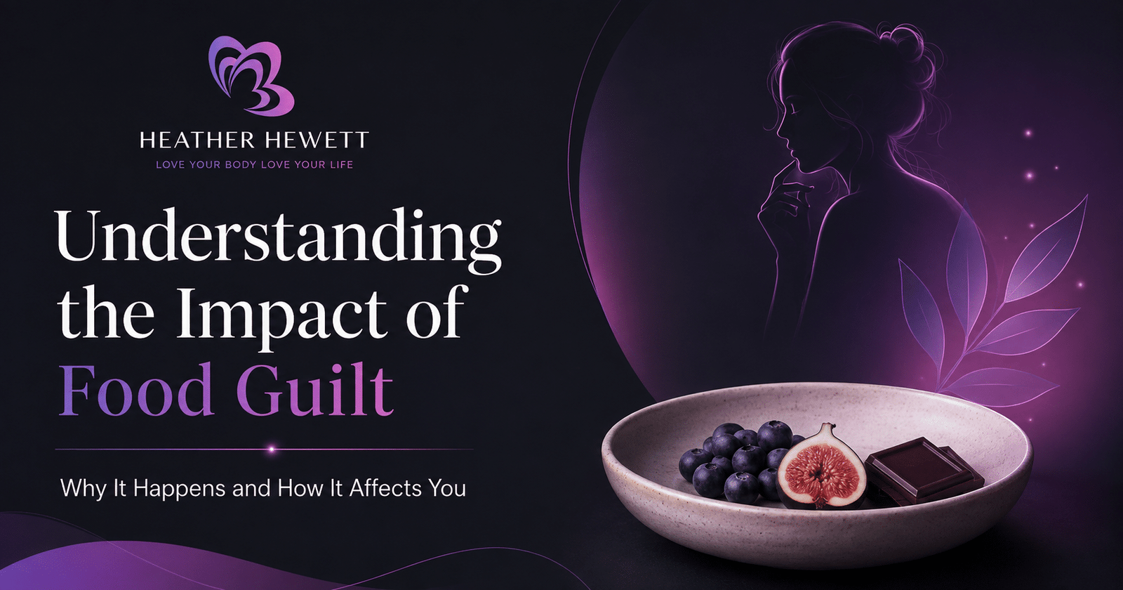 Food guilt featured image for Heather Hewett showing a calm purple wellness design with a thoughtful woman silhouette and mindful eating bowl.
