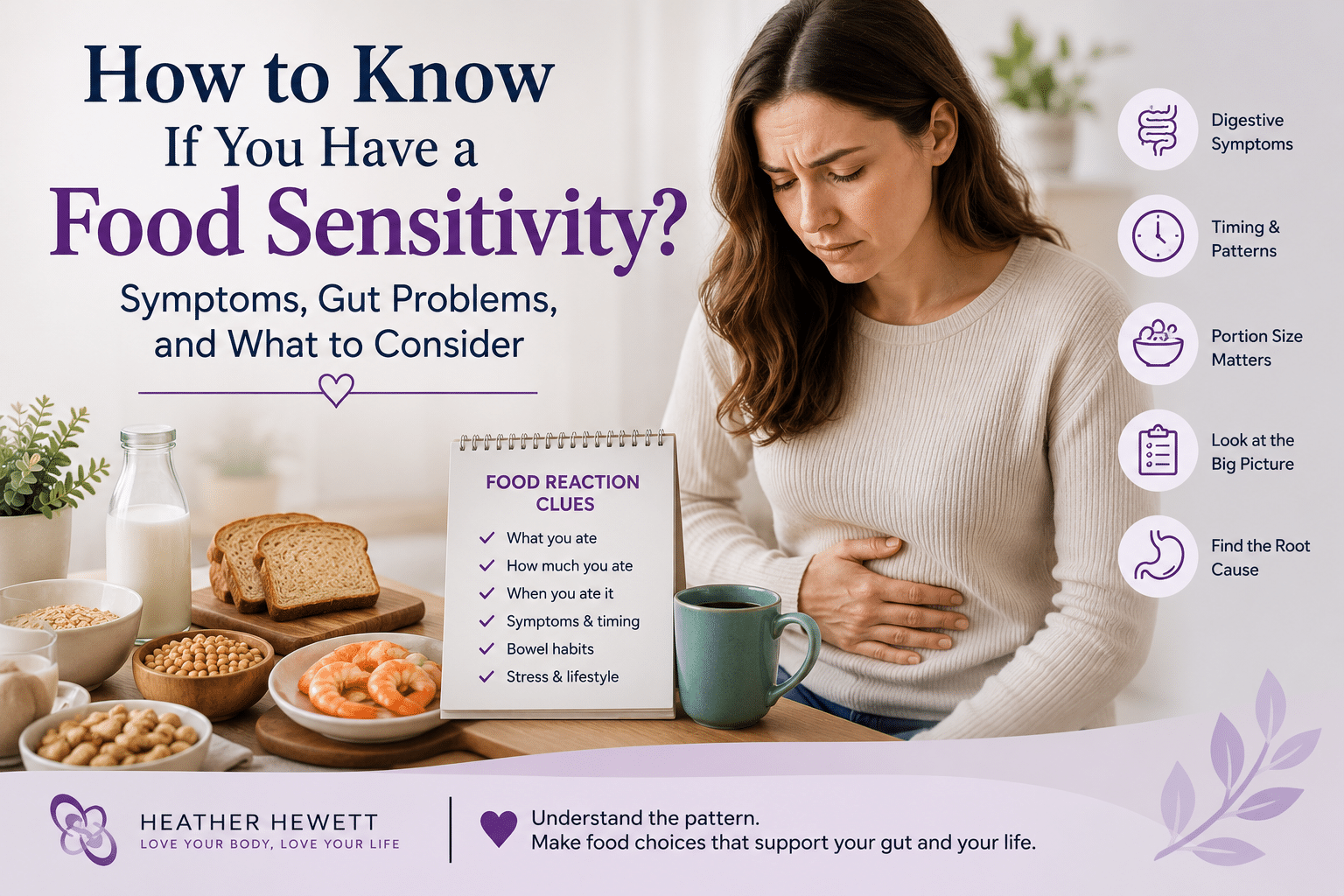 How to know if you have a food sensitivity illustration showing digestive symptoms, food reaction timing, portion size, bowel habits, and repeated reaction patterns.