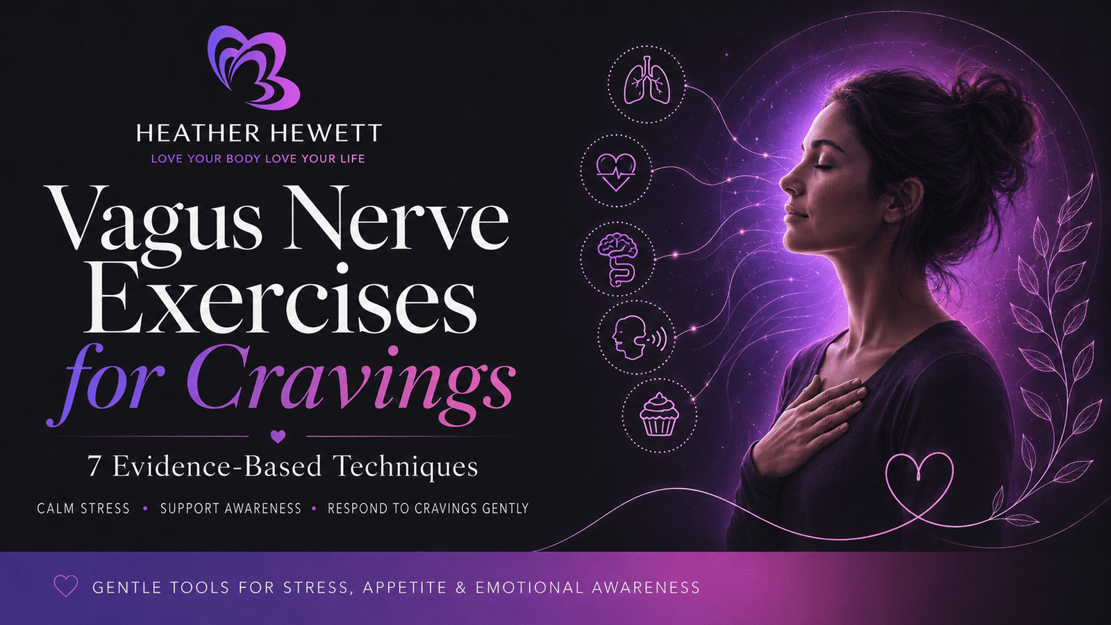 Vagus Nerve Exercises for Cravings feature image with Heather M Hewett branding, a calm woman practicing nervous system awareness, and icons for breathing, heart regulation, gut-brain connection, and cravings