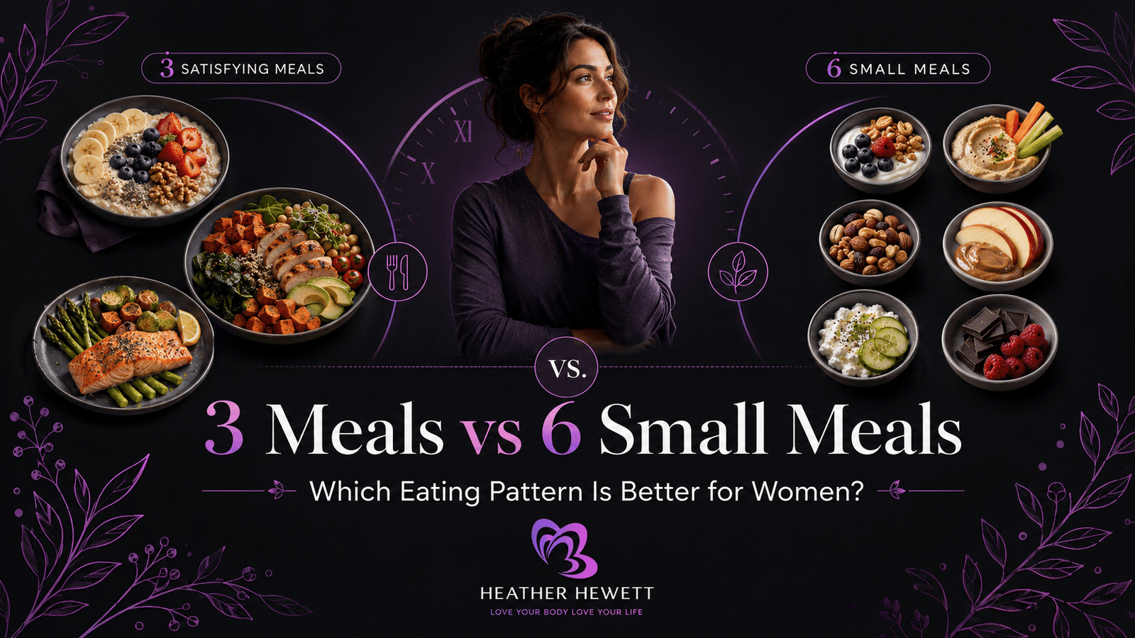 3 meals vs 6 small meals comparison showing three balanced meals and six smaller eating occasions for women.