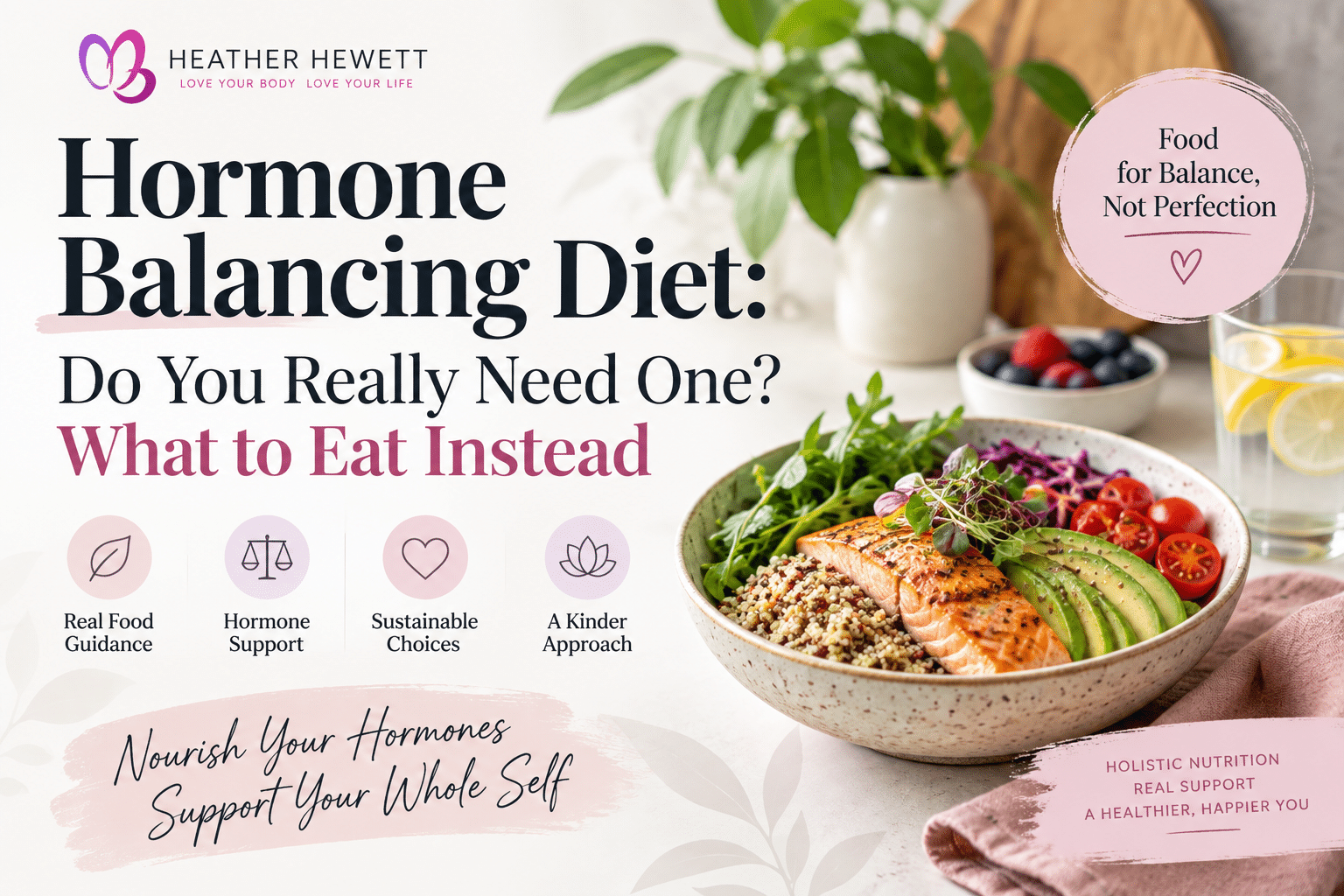 Hormone balancing diet with salmon, avocado, vegetables and whole grains showing what to eat instead of following restrictive hormone diet rules