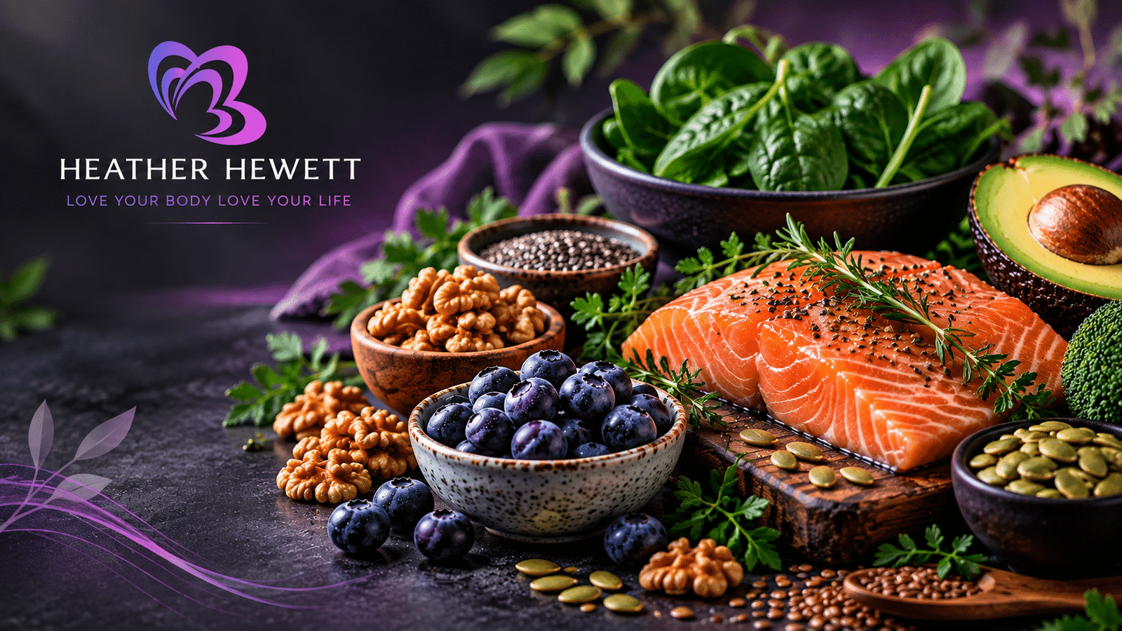 Foods that support nervous system health, including salmon, spinach, blueberries, walnuts, avocado, chia seeds, and pumpkin seeds