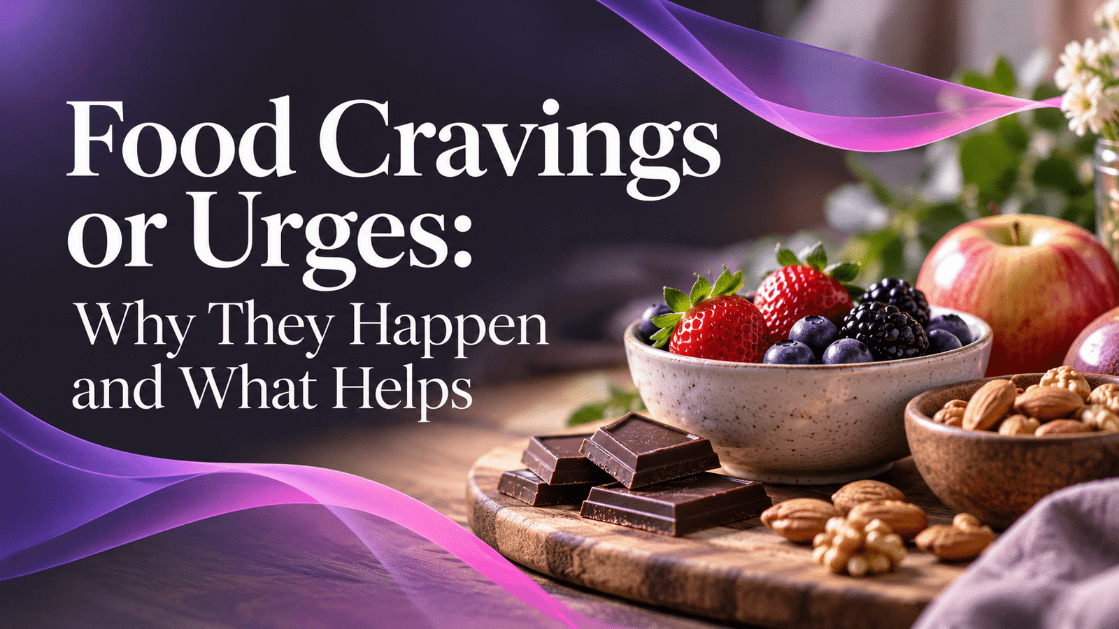 Featured image for a guide to food cravings or urges, featuring fresh berries, dark chocolate, and nuts.