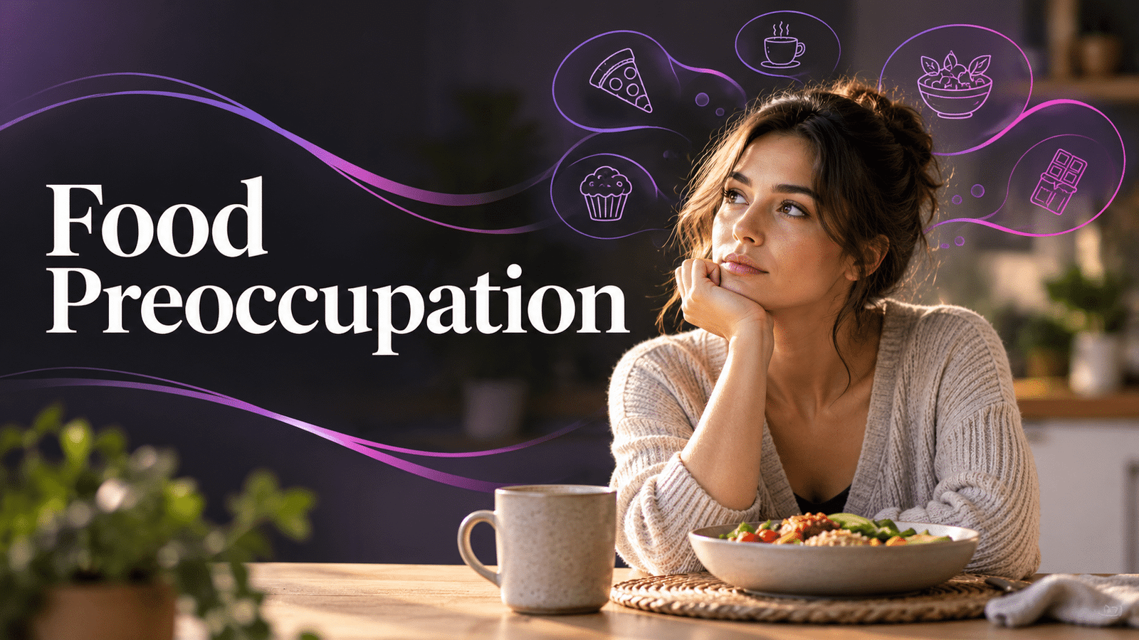 Woman thinking about food while sitting at a table, illustrating persistent thoughts about food and food preoccupation