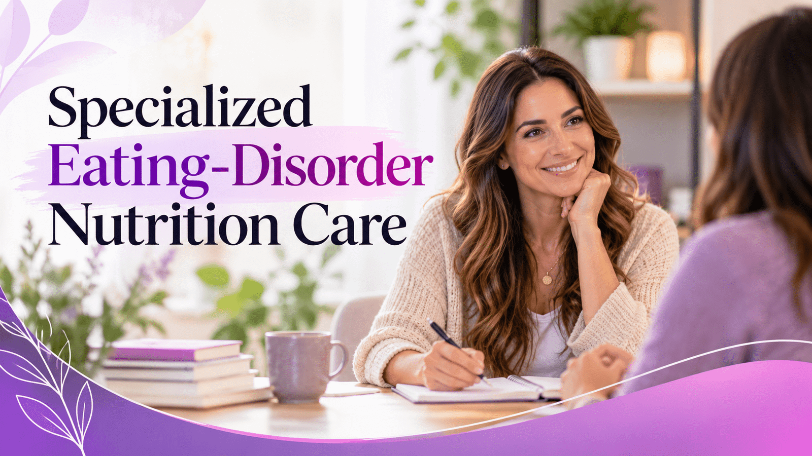 Nutrition professional discussing specialized eating-disorder nutrition care with a client in a supportive, welcoming setting.
