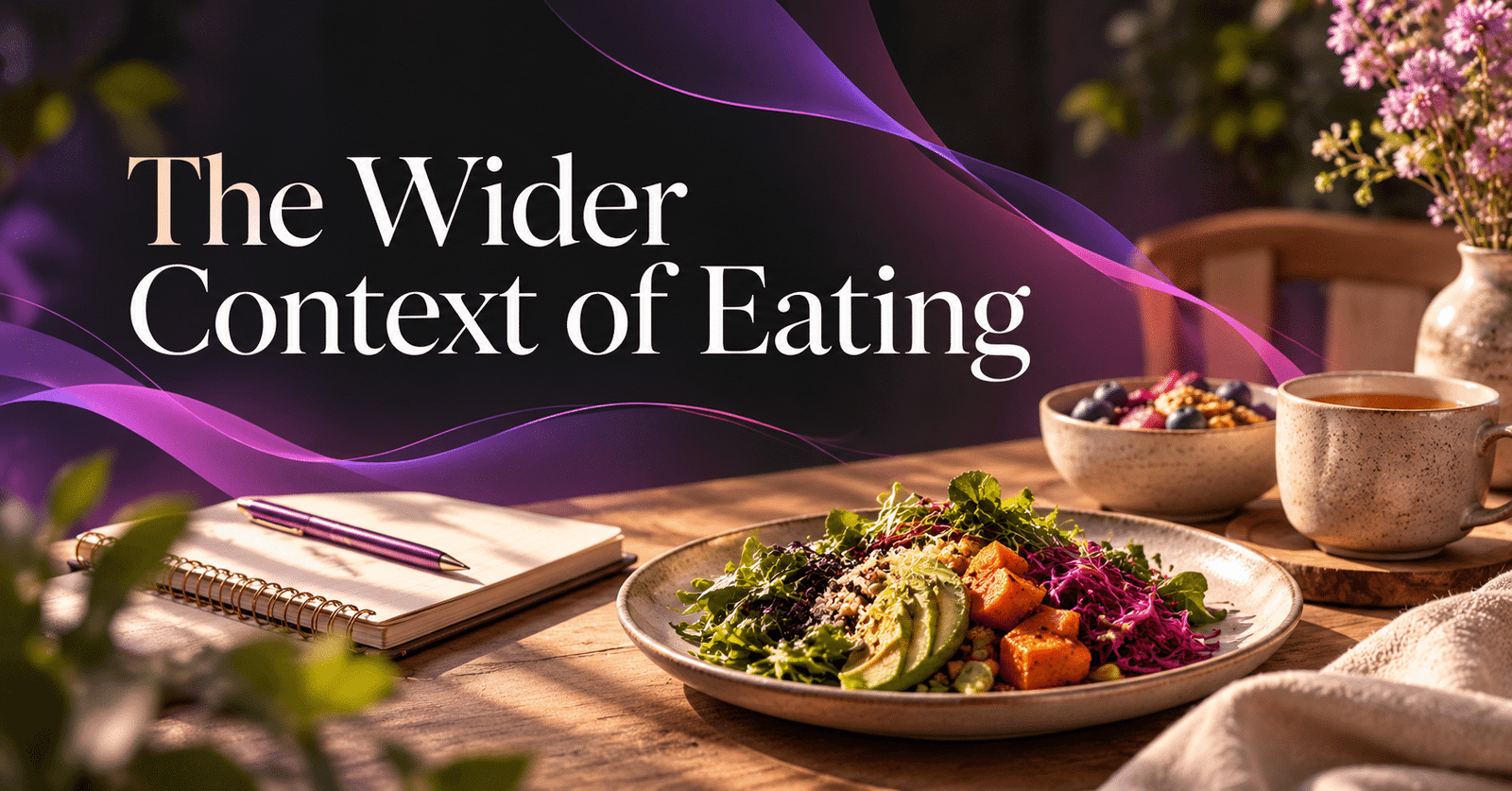 The Wider Context of Eating, featuring a nourishing meal with greens, grains, avocado, and tea, illustrating the factors that shape eating habits.